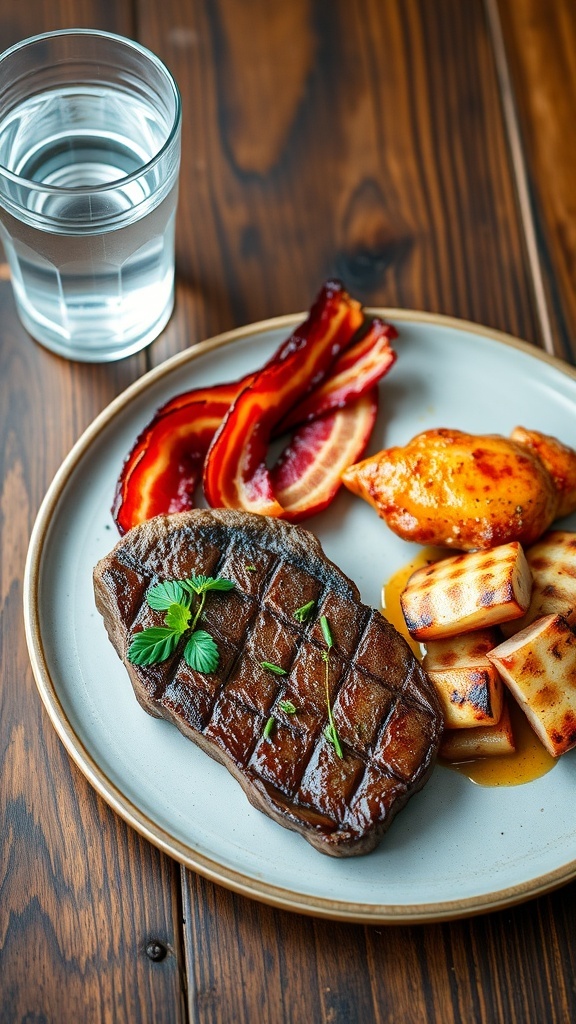 A hearty carnivore meal with steak, bacon, and grilled chicken on a wooden table.